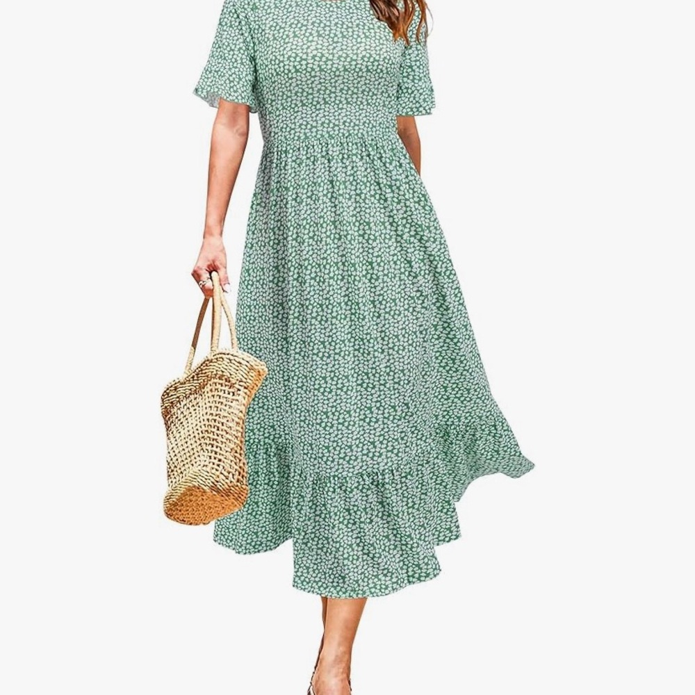Short Sleeve Crewneck Tiered Flowy Midi Dress